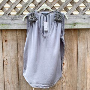 Gray Silk Blouse with Beaded Shoulder - Size M